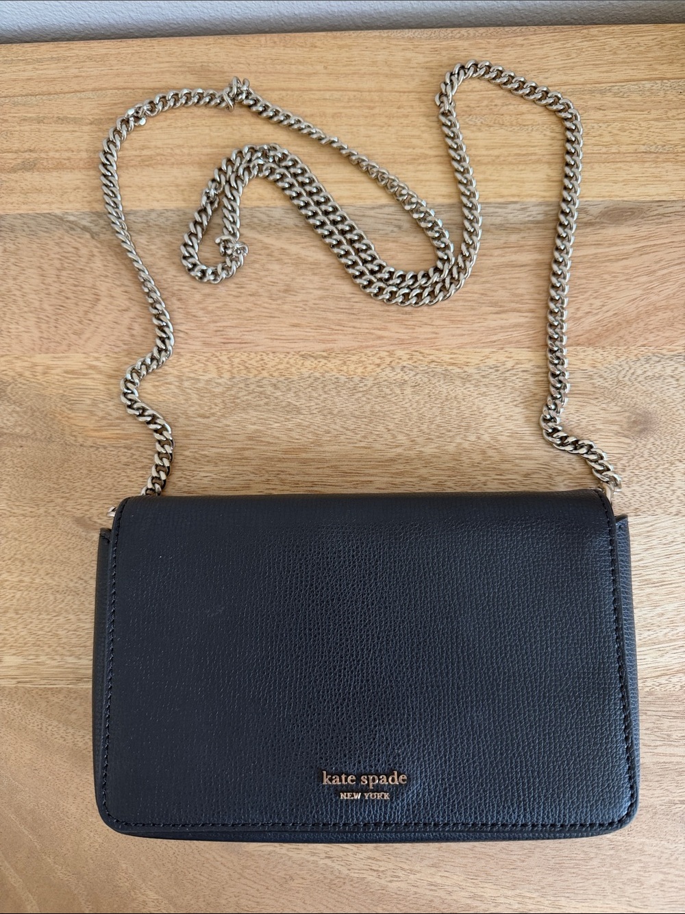 kate spade Black Pebbled Leather Chain Crossbody with Gold Hardware